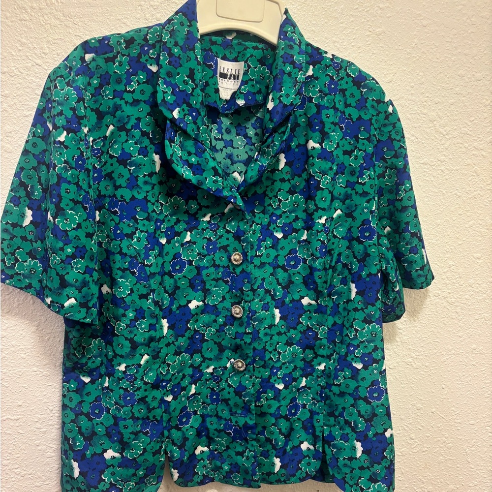 Vintage Leslie Fay Floral Button Down Shirt - Green and Blue